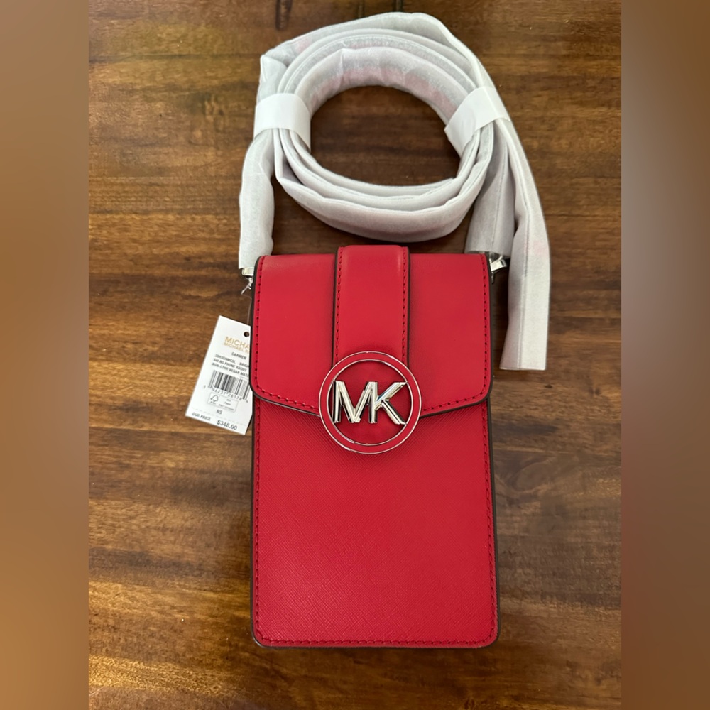 Michael Kors Carmen Small Phone Holder Crossbody Shoulder Bag Purse Handbag Red